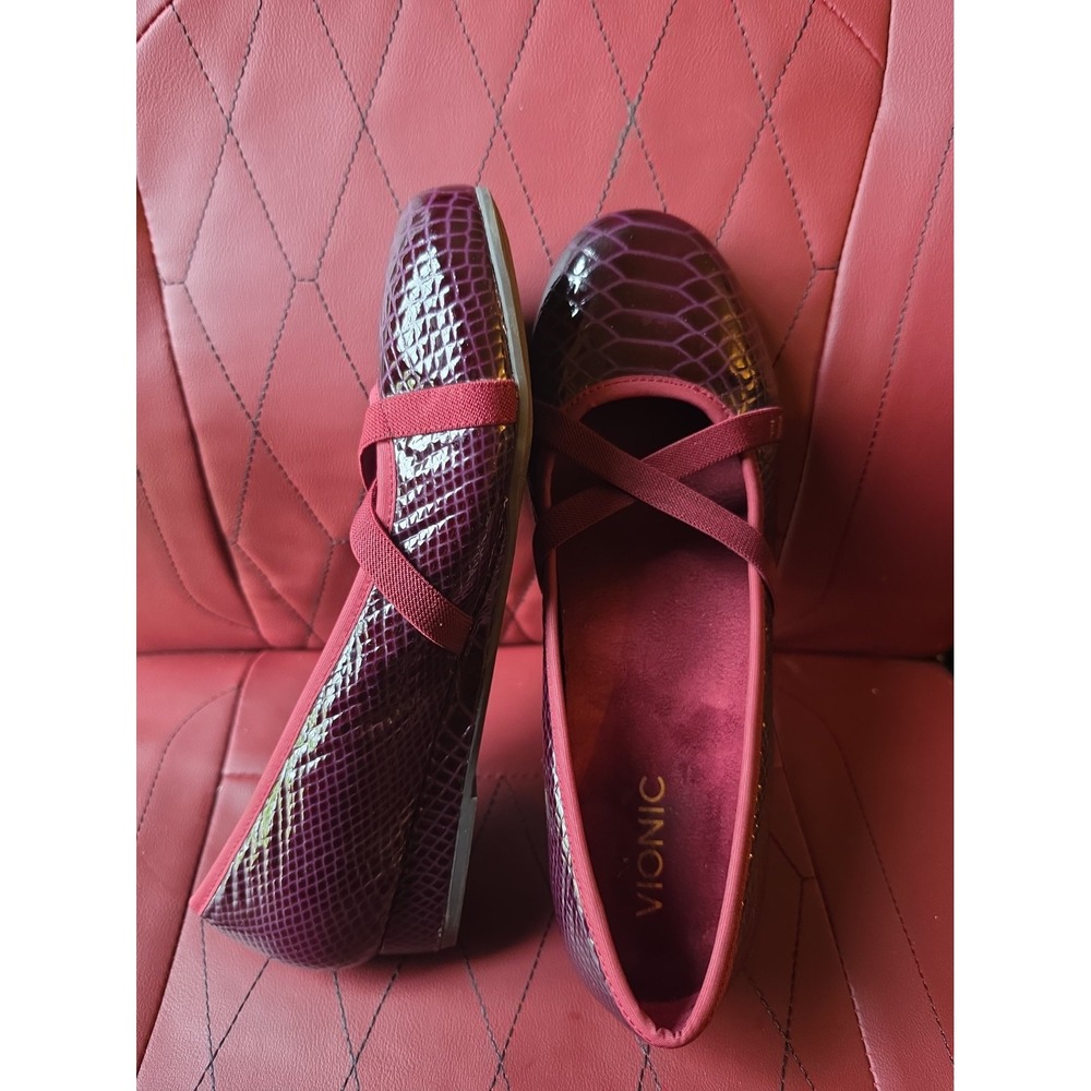 Vionic Dakota Leather Croc Red Plum Wedge Flat Orthotic Shoe Comfort Women 9 M - Picture 2 of 6